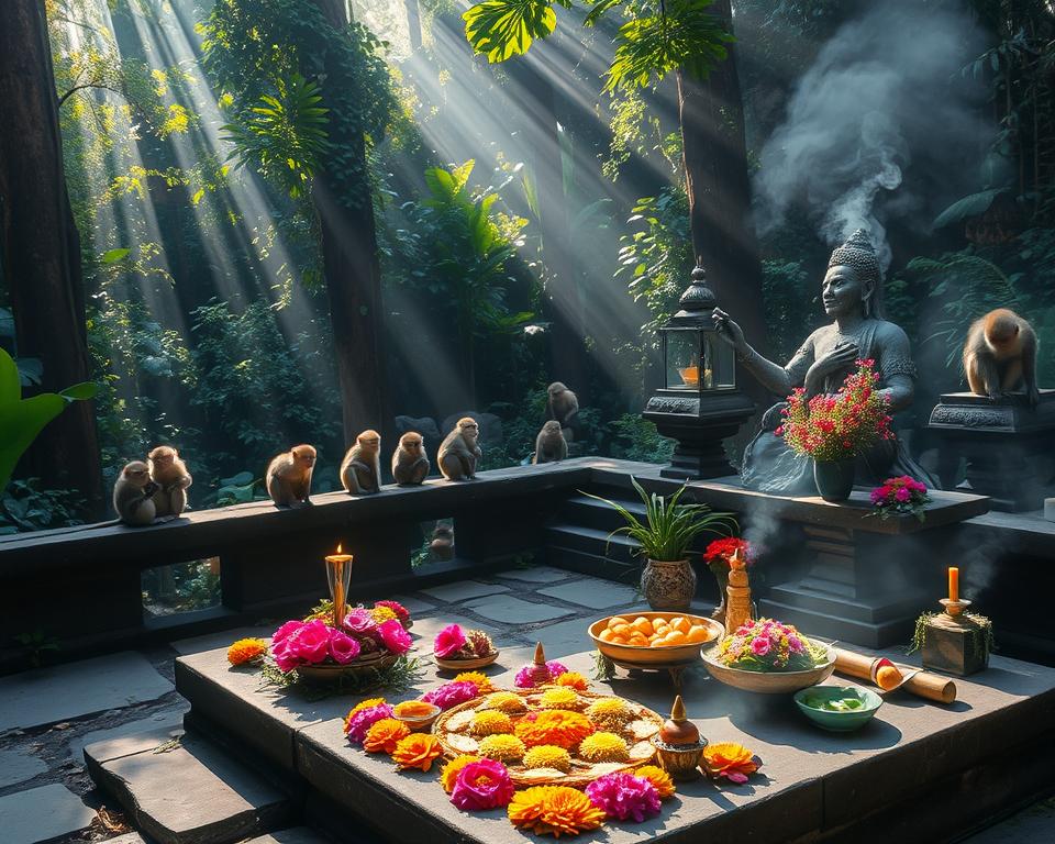 Can visitors participate in rituals at Ubud Monkey Forest?