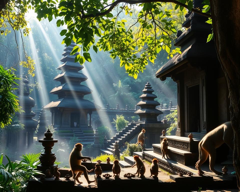 How do the temples contribute to the spirituality of Ubud Monkey Forest?