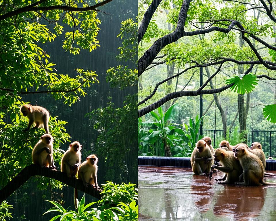 How does the weather affect the monkey behavior in Ubud Monkey Forest?