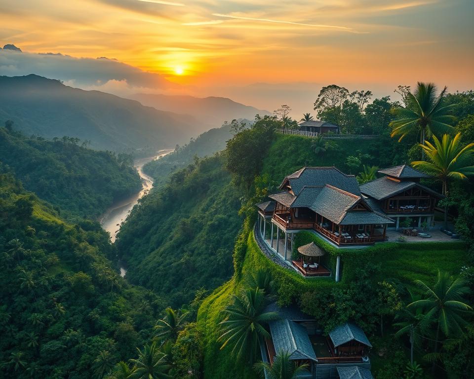 Which Ubud restaurants are perched on a valley ridge?