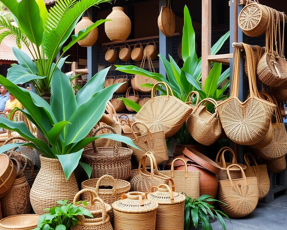 Woven baskets and rattan bags at Ubud Art Market